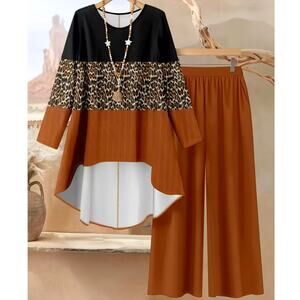 NWT ~ Women's 2pc Animal Cheetah Print Outfit Rust Top & Pants Set ~ Size LARGE